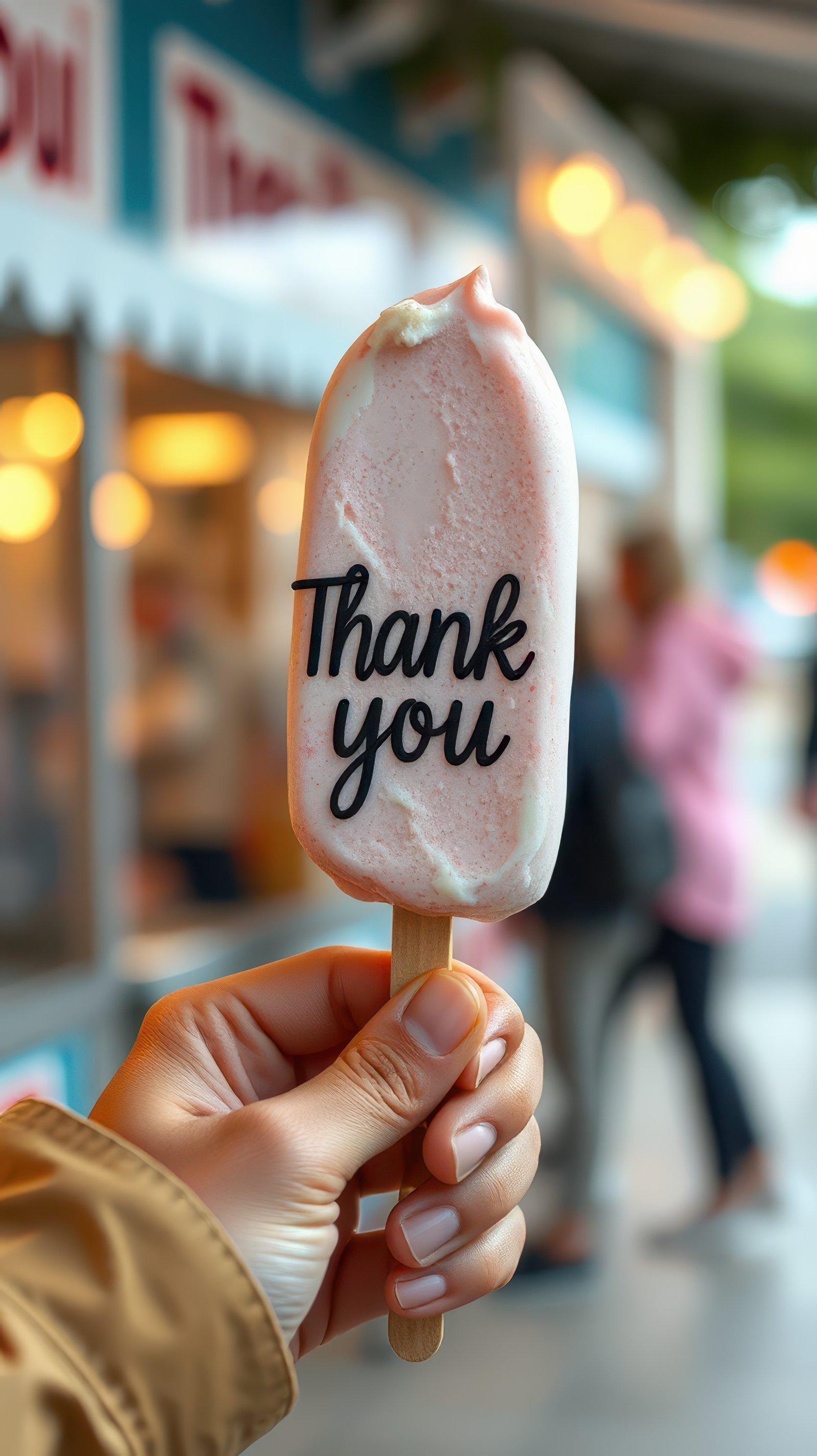 Hand holding a thank you ice cream bar in a busy city street on a warm day